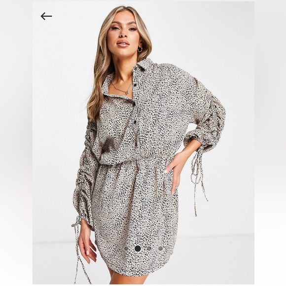 AX Paris Mini Shirt Dress with Ruched Sleeves in Natural Polka Dot - Picture 2 of 5